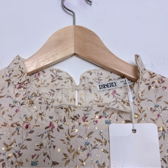 Iriserly Floral Gold Stars Ruffle Prairie Lightweight Romantic Feminine Blouse S - Picture 4 of 16